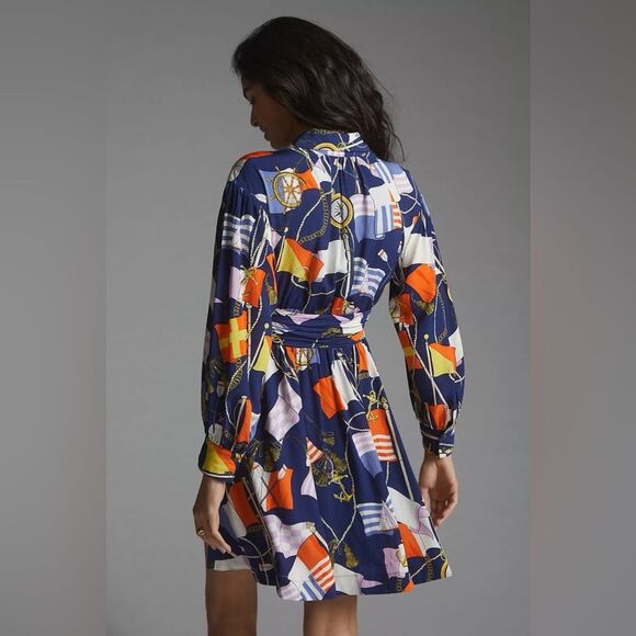 Anthropologie Maeve Mini Belted Button Down Nautical Print Shirtdress - Picture 3 of 8